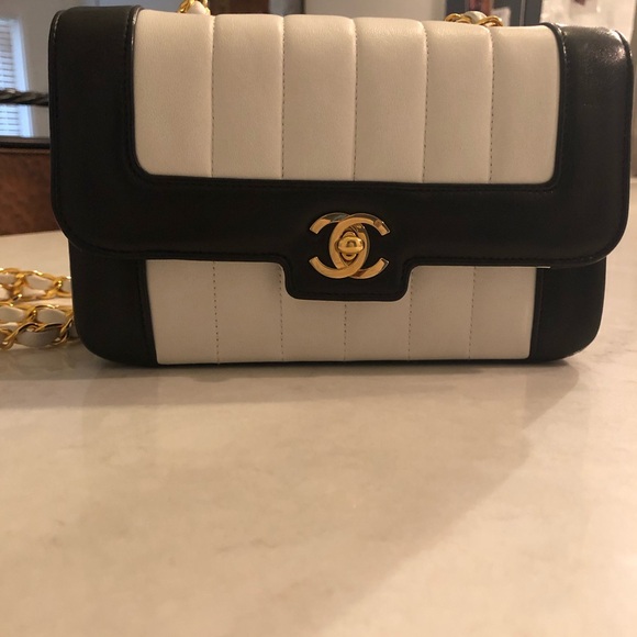 Vintage Chanel Mini Mademoiselle Bag Black and White Lambskin Gold Hardware - Picture 11 of 17